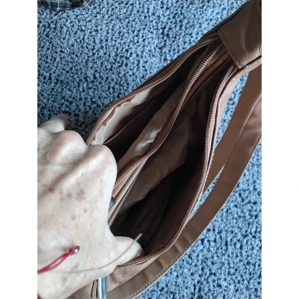 Genuine Cowhide Leather Shoulder Bag Tan Brown Multi Pocket Hobo Purse